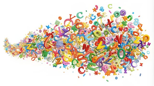 Vibrant colorful letters and symbols of different languages swirl together in a creative fusion, blending linguistic elements with artistic flair on a white background.