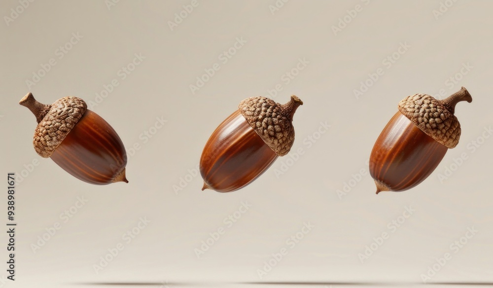 Poster Three floating acorns with textured caps on a soft neutral background, creating an elegant and minimalist composition