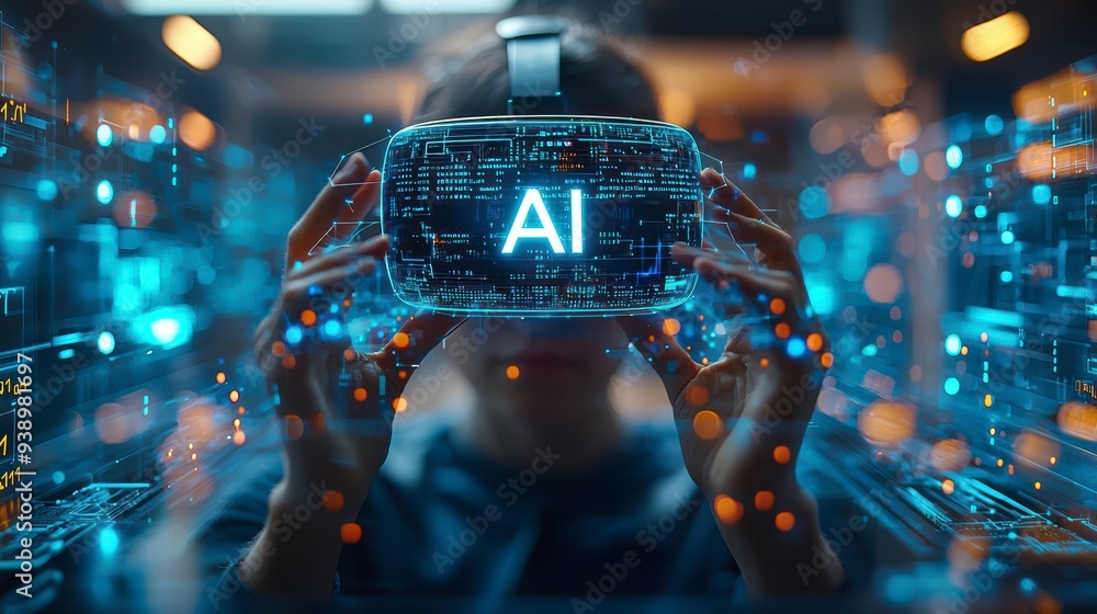 Poster a person in a vr headset interacts with ai and holograms, showing the use of technology in business