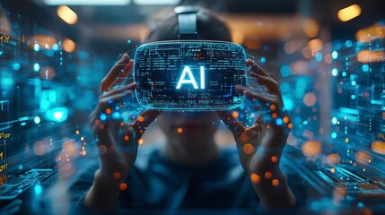 A person in a VR headset interacts with AI and holograms, showing the use of technology in business