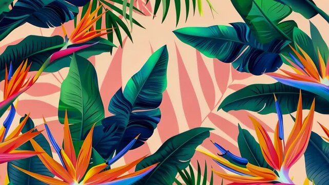 Abstract tropical pattern with exotic flowers and leaves vibrant colors.