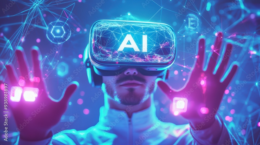 Poster a person in a vr headset interacts with ai and holograms, showing the use of technology in business