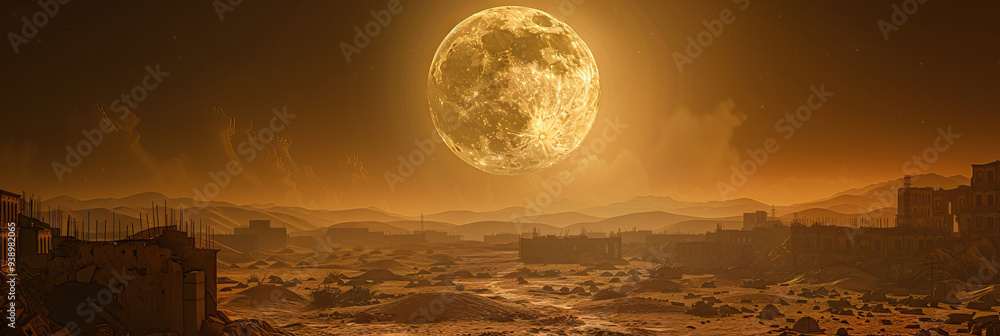 Wall mural cosmic canvas: the full moon hanging in the sky, its light casting long shadows across a dusty, aban