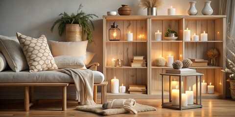 Fototapeta premium Vintage-inspired bookshelves stand tall against crisp Nordic scenes, illuminated by lanterns, with delicate glass vases and textured pillows, evoking coziness and elegance.