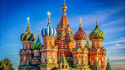 Obraz premium Vibrant colors and intricate details adorn the onion domes and ornate architecture of this stunning cathedral, set against a clear blue sky in Moscow.