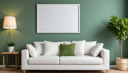 Interior mockup In a white room a blue sofa is placed next to a photo frame on the wall