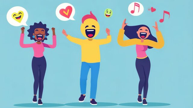 A flat design illustration of three people in dynamic dance poses.