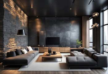 Modern interior of a living room. Penthouse Loft with dark stone walls (3d Rendering)