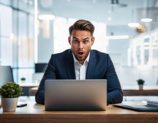 man working on a laptop has a look of amazement on his face