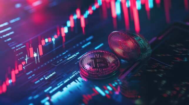Concept of investing in cryptocurrencies and bitcoins. Close-up of a virtual coin near a phone with graphs. Trading on the cryptocurrency exchange. Bitcoin rise and fall chart.