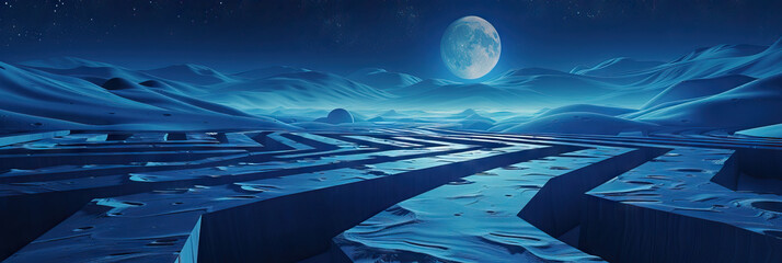 Lunar Labyrinth: An intricate maze of pathways, lit only by the moonlight, leading to an unknown destination.