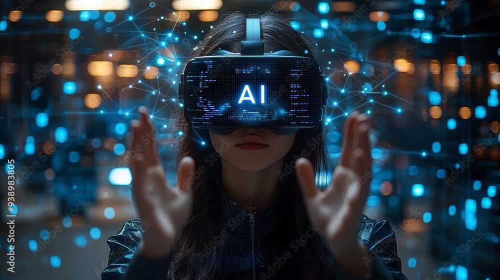 Poster a person in a vr headset interacts with ai and holograms, showing the use of technology in business