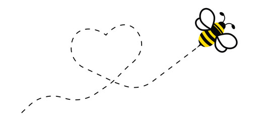 flying bee. honey bee fly on dotted heart shaped line path. transparent png and vector illustration.