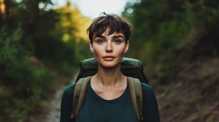 Naklejka premium A young woman hiking on a sunny trail surrounded by nature in a mountainous area during the late afternoon, wearing a light shirt and carrying a backpack