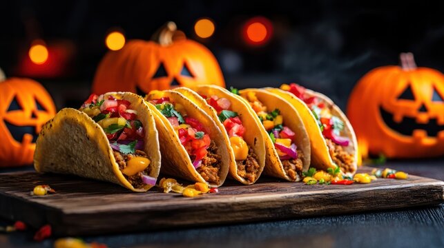 delicious tacos and halloween pumpkin, restaurant promo, food advertising