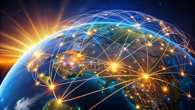 Vibrant globe with strings of lights connecting cities, symbolizing the thrill and excitement of moving abroad and exploring new international destinations.