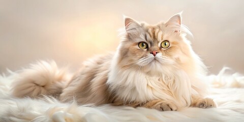 Fototapeta premium Whimsical elegant Persian cat with intricate fur patterns lounging against pure white backdrop, soft focus, warm lighting, pastel hues, evoking serenity, playfulness, and innocence.