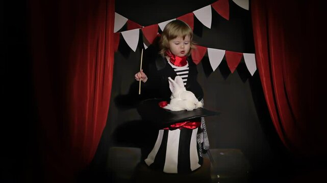 Small girl circus performer shows a trick with a hat and a rabbit in the spotlight. High quality 4k footage. High quality 4k footage