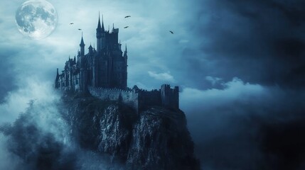 Naklejka premium Dracula. haunted scary vampire. castle on a mountain during spooky misty dark night with full moon