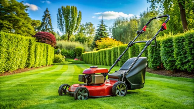 Vibrant Green Lawn With A Red And Black Lawnmower Parked On The Grass, Ready To Mow.