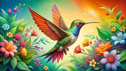 Obraz premium Vibrant illustration of a hummingbird in mid-flight, surrounded by blooming flowers and leaves, crafted in colorful, intricate vector graphics with delicate lines and shapes.