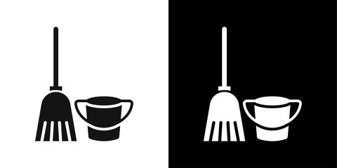 besom with stick and pail icon Flat fill set collection © Kajal