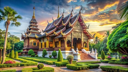 Fototapeta premium Vibrant morning scene of ancient Wat Phra Singh temple's ornate architecture and intricate carvings set amidst lush greenery in Mueang Chiang Mai, Thailand.