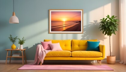 Interior mockup In a white room a blue sofa is placed next to a photo frame on the wall