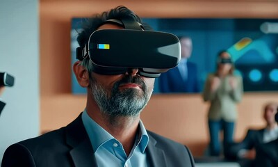 Businessman wearing VR goggles, interacting with a 3D virtual conference room, with avatars of colleagues.