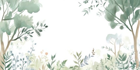 Lush Greenery Frame with Soft Watercolor Texture