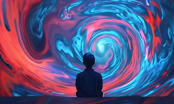 A person trapped in a never-ending cycle of thoughts, represented by swirling patterns and colors.