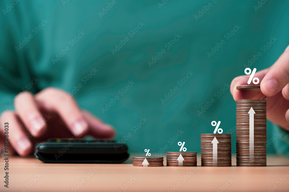 Poster businessman hand input coins stacking drawing with up arrow and use calculator for business investme
