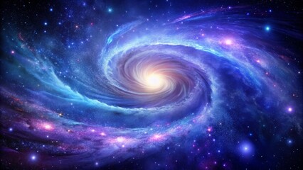 Naklejka premium Vibrant purple and blue galaxy swirls around a bright white star, surrounded by shimmering stardust and mysterious dark matter in a celestial expanse.