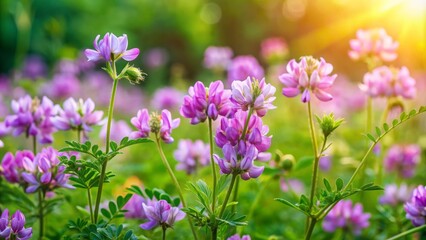 Fototapeta premium Vibrant purple flowers of crownvetch, a perennial legume, bloom in a lush meadow, surrounded by soft green foliage and gentle summer sunlight.