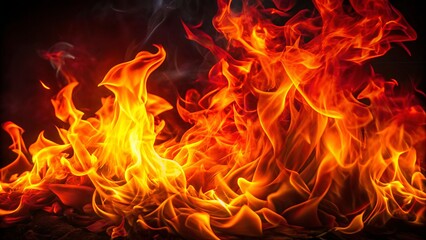 Vibrant red flames engulf the dark background, casting a warm glow with intense orange and yellow hues, perfect for dramatic and energetic designs.