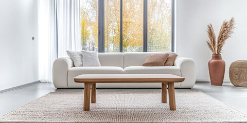 Modern coffee table and sofa in a minimalist bright living room space. Interior design composition.