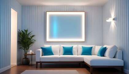 Interior mockup In a white room a blue sofa is placed next to a photo frame on the wall