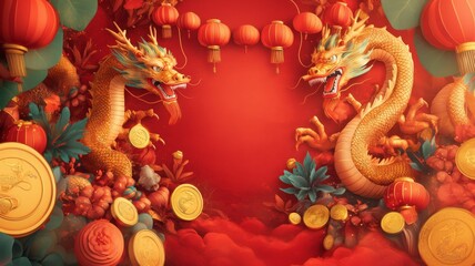 Vibrant Chinese New Year Celebration with Golden Dragons, Red Lanterns, and Gold Coins