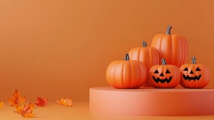 Halloween product display with pumpkins and empty minimal podium pedestal, 3D illustration, clean background
