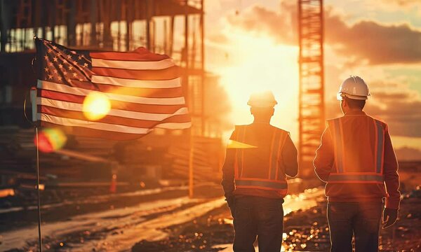 American Flag on a windy day with workers in hard hats and reflective vests, working on a construction site on Labor Day.