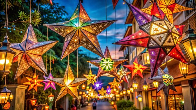Vibrant star-shaped parol lanterns in various sizes and colors adorn a festive street, adding a warm and cozy ambiance to the evening atmosphere.