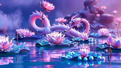 3d render of magical fantasy water scene with blue and purple gradient sky, fantasy flowers on floating islands.