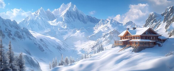 Fototapeta premium Mountain Retreat: Cozy Chalet in Snow-Covered Ski Resort.