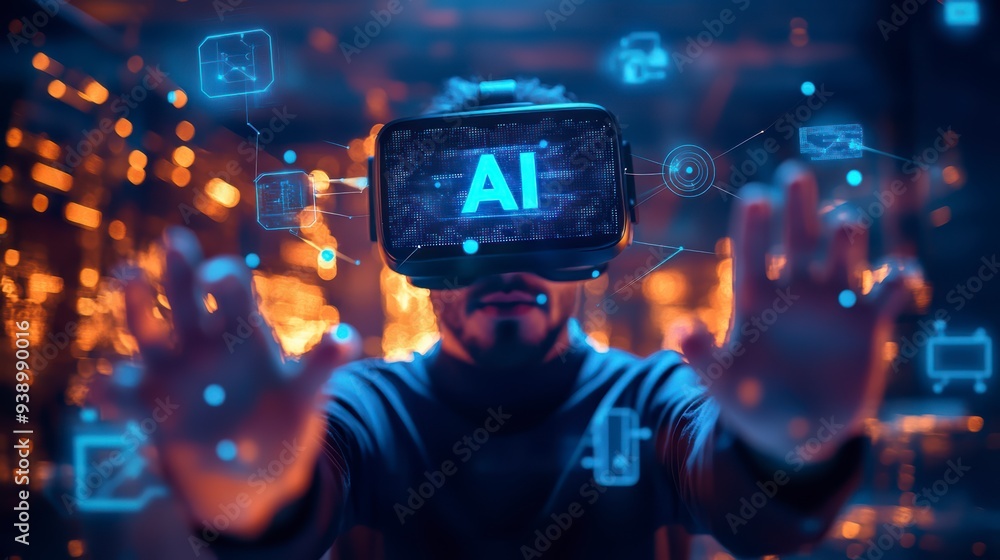 Poster a person in a vr headset interacts with ai and holograms, showing the use of technology in business
