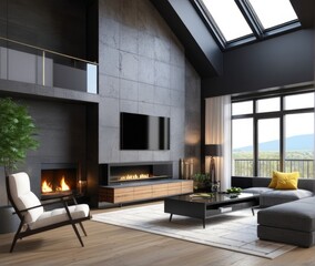 Modern interior of a living room. Penthouse Loft with dark stone walls (3d Rendering)
