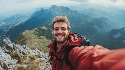 Happy hiker man taking selfie portrait on the top of mountain