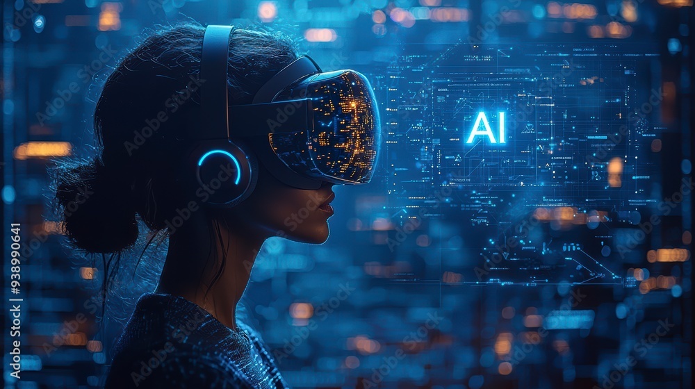 Poster a person in a vr headset interacts with ai and holograms, showing the use of technology in business