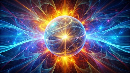 Vibrant, swirling energy patterns emanate from a glowing orb, representing the invisible forces of electromagnetic fields in a mesmerizing, futuristic scientific visual representation.