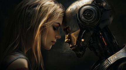 A high-tech modern robot interacts with a person. Robot and man. Robot in the modern world. AI generation