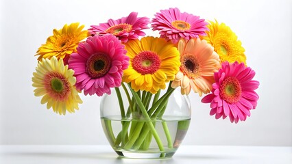 Fototapeta premium Vibrant yellow and pink gerbera daisies arranged in a modern clear vase, set against a clean white background, exuding freshness and sunny optimism.